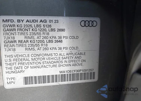 2023 Audi Q3 Premium 45 Tfsi S Line Quattro Tiptronic из США, поврежденный, VIN WA1DECF30P1091257